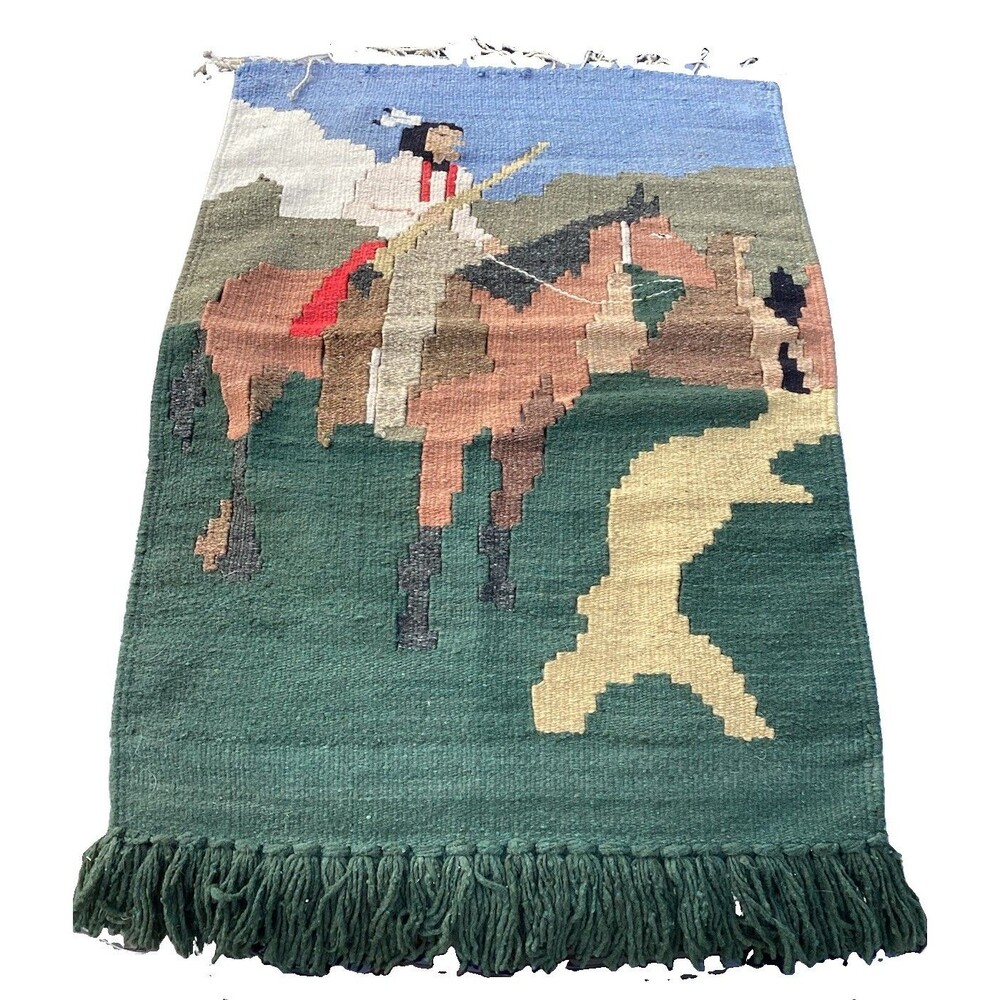 Vintage Horse & Rider Colorful Mexican Wool Blend Wall Hanging Blanket Rug 29x41